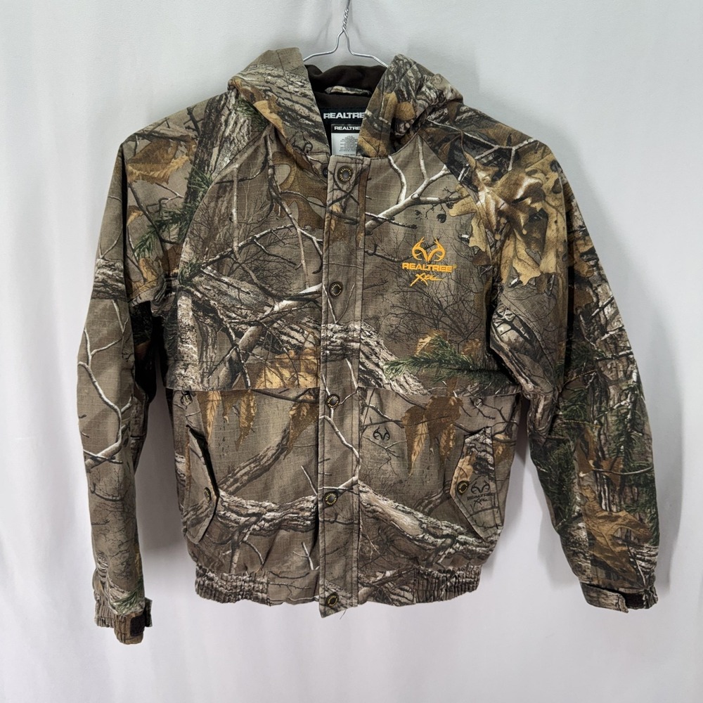 Realtree Kids Hooded Jacket Large 10-12 Brown Camo Xtra Bomber Outdoor Gorpcore